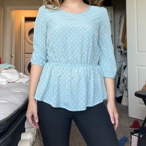 Cute light blue polka dot blouse with puff 3/4 sleeves
